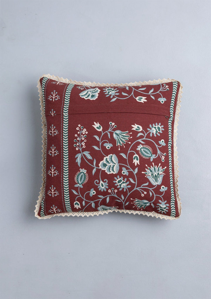 Garnet Printed Red & Green Cushion Cover for Sofa – 100% Cotton, 16"x 16" | SHOBITAM