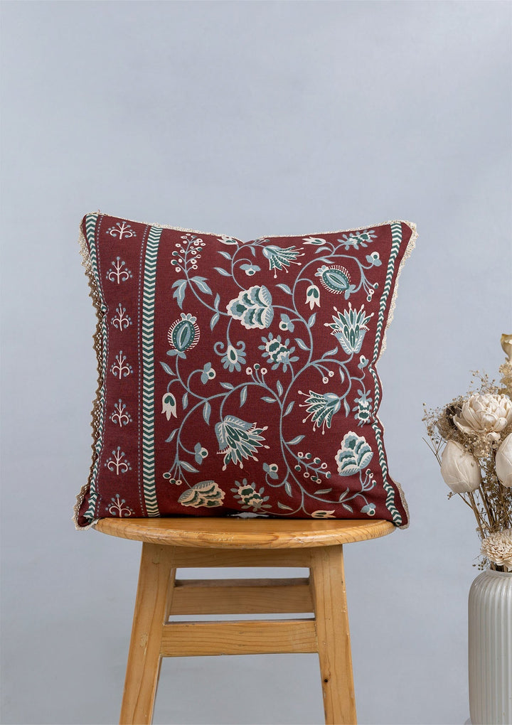 Garnet Printed Red & Green Cushion Cover for Sofa – 100% Cotton, 16"x 16" | SHOBITAM
