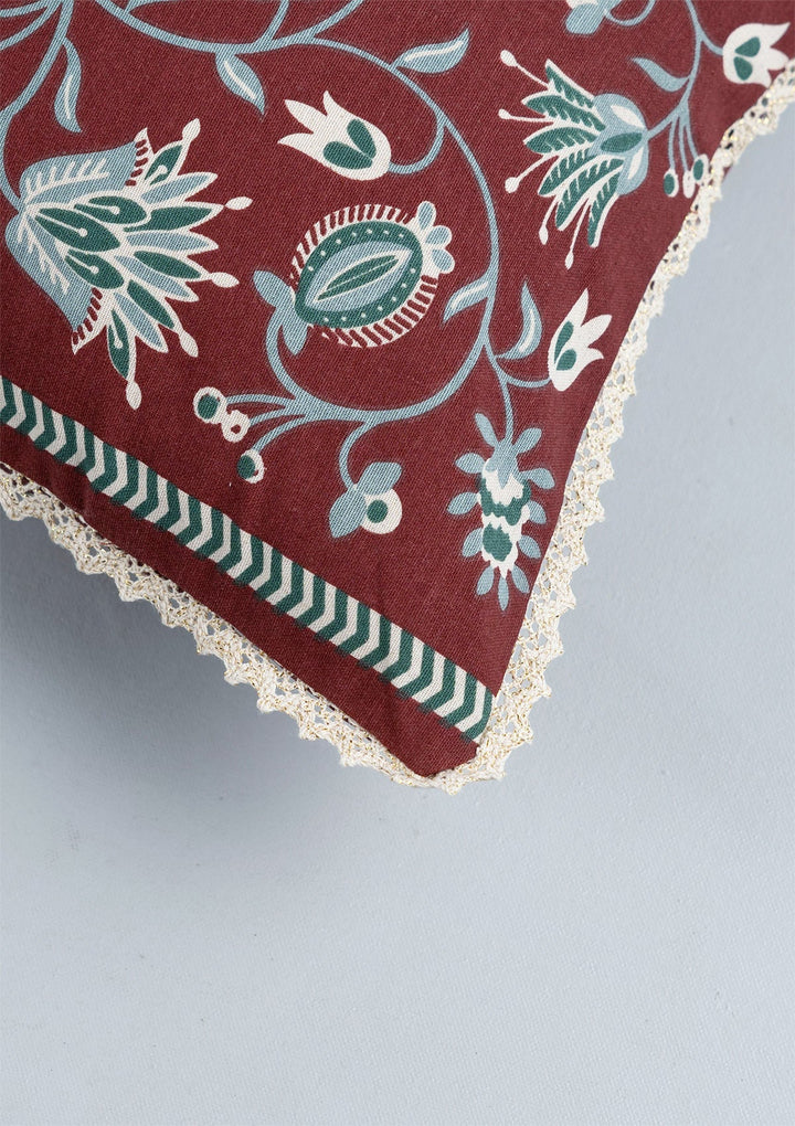 Garnet Printed Red & Green Cushion Cover for Sofa – 100% Cotton, 16"x 16" | SHOBITAM