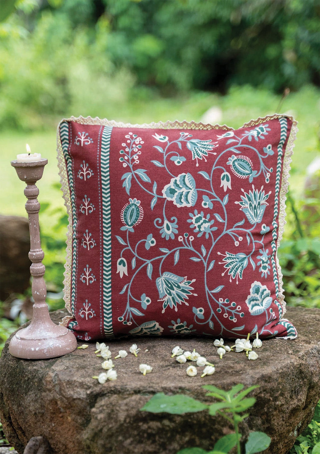 Garnet Printed Red & Green Cushion Cover for Sofa – 100% Cotton, 16"x 16" | SHOBITAM