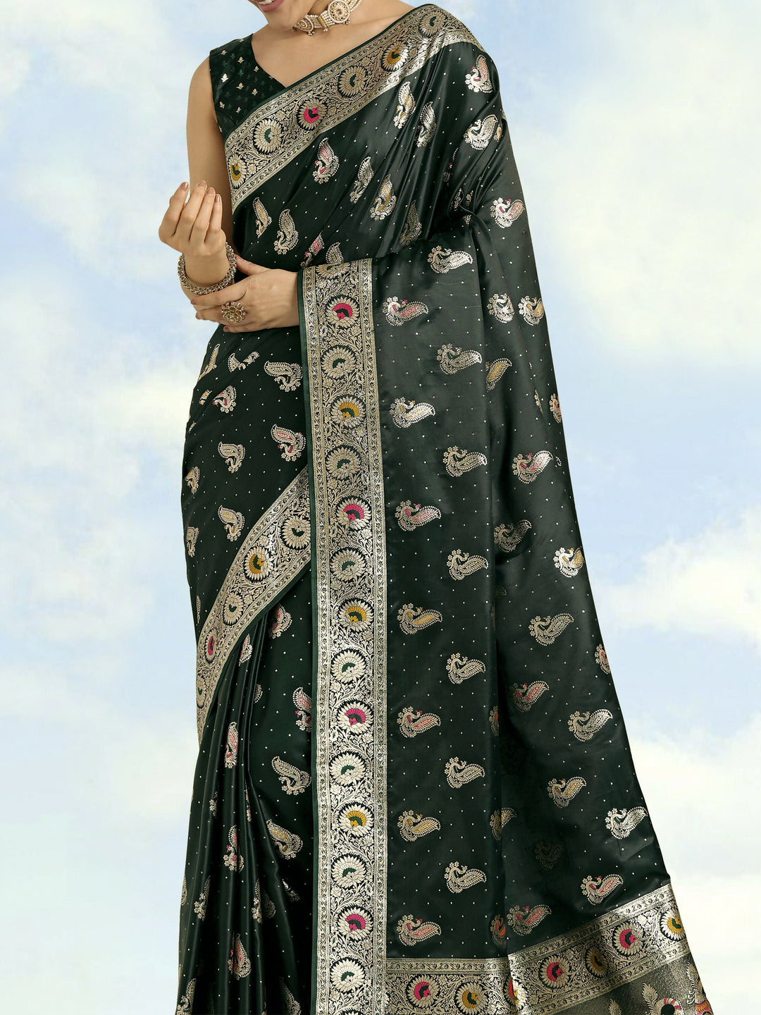 Dark Green Color Banarasi Satin Silk Zari Weaving Saree | SHOBITAM