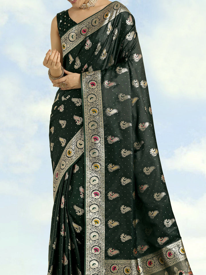 Dark Green Color Banarasi Satin Silk Zari Weaving Saree | SHOBITAM