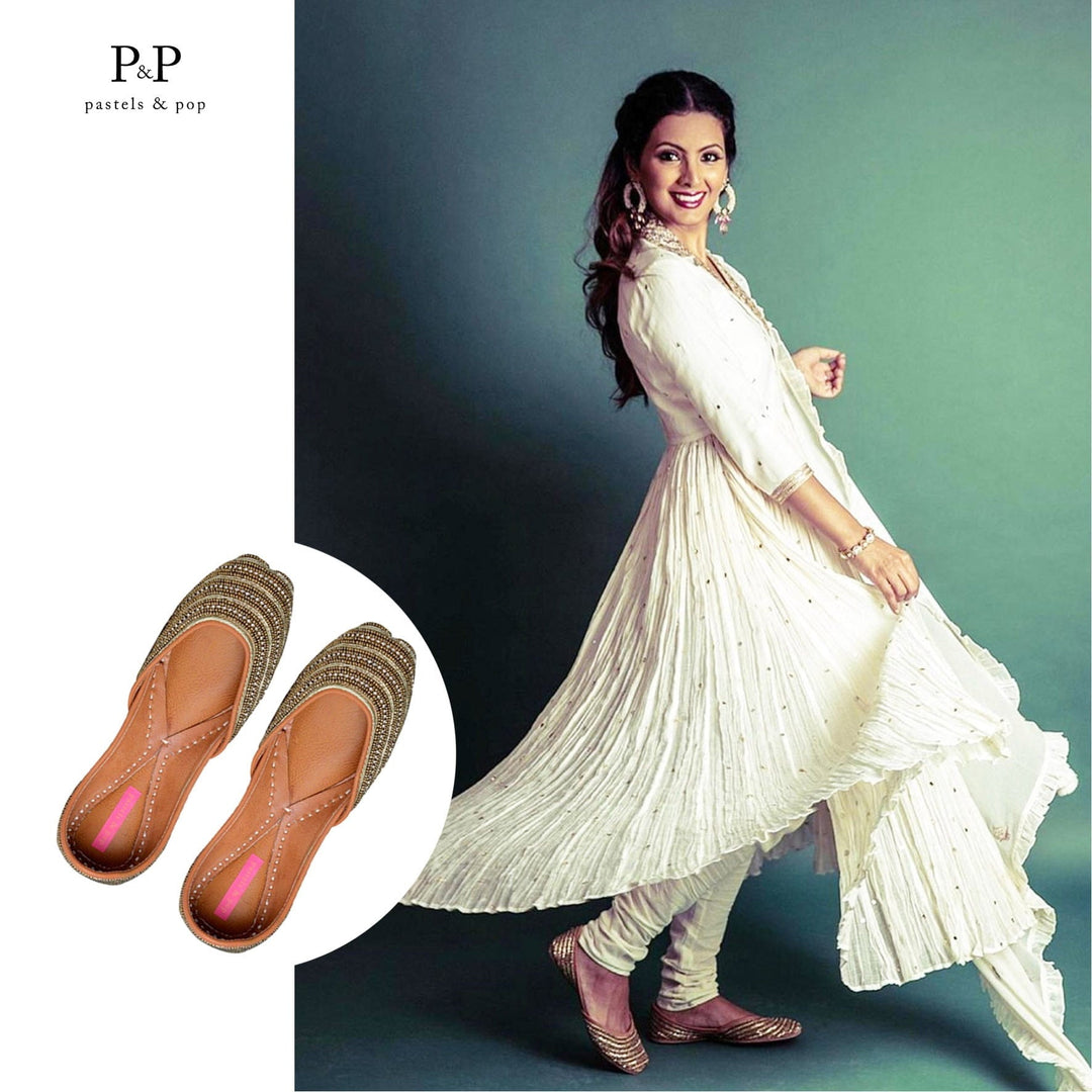 GOLD DUST Striped Rhinestone & Beadwork Ethnic Mojaris for Women | SHOBITAM