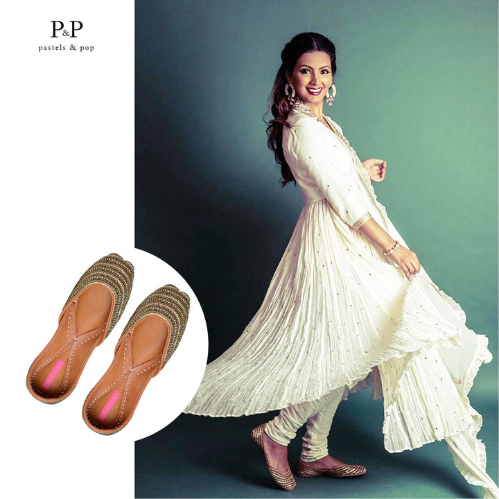 GOLD DUST Striped Rhinestone & Beadwork Ethnic Mojaris for Women | SHOBITAM