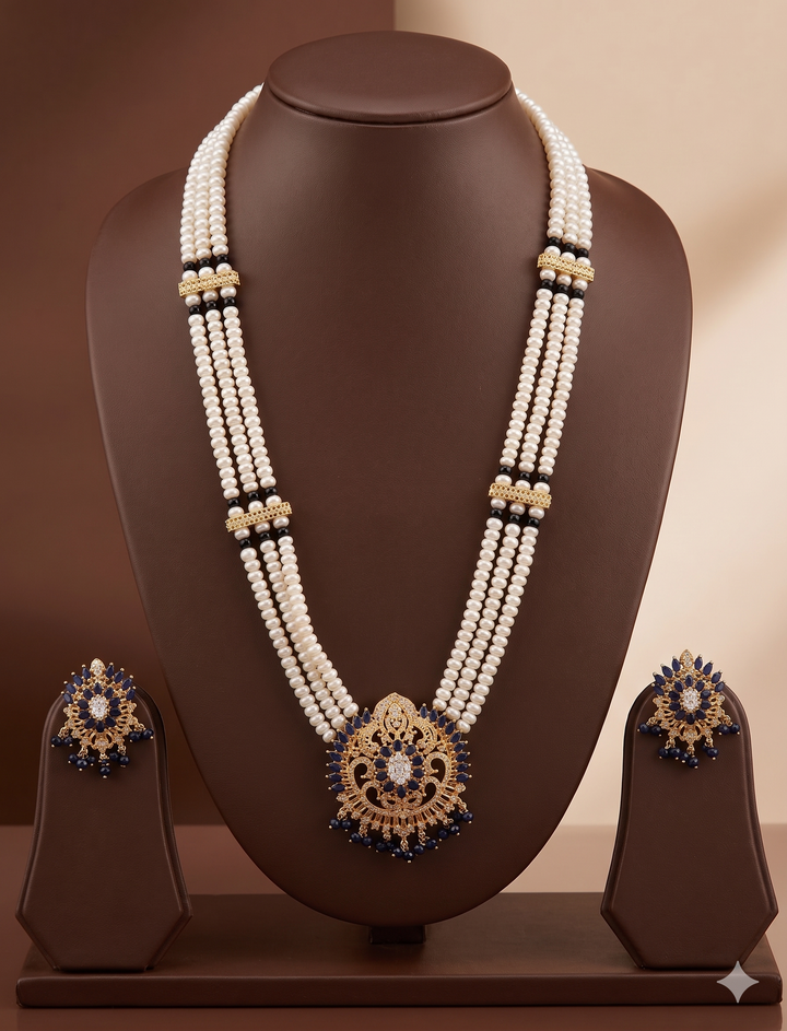 Royal Blue Freshwater Pearl Rani Haar Necklace Set – Premium Bridal & Festive Jewellery | SHOBITAM