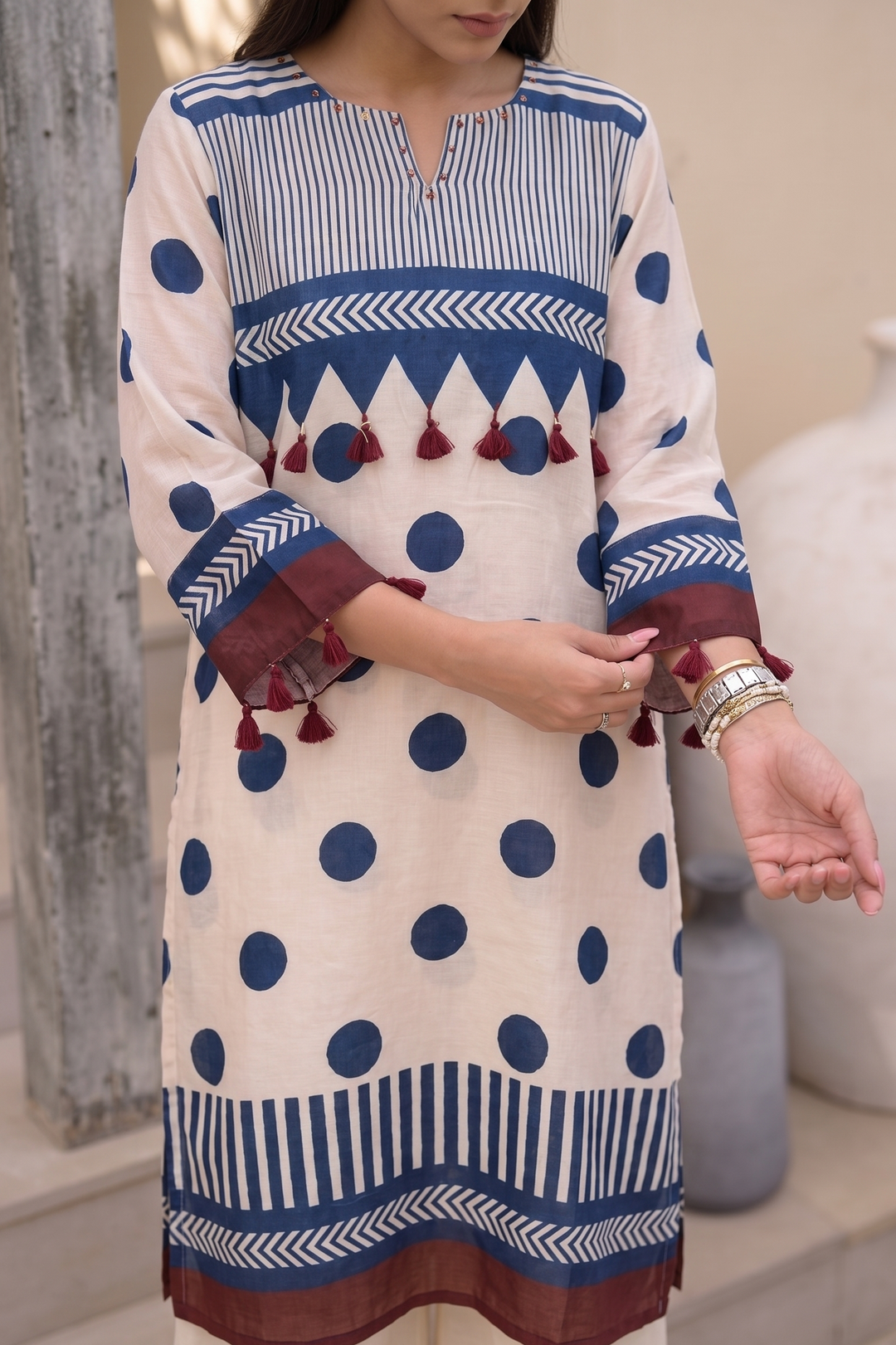 Beige and Indigo Polka Muslin Tassel Kurta Set- SET OF-2 | SHOBITAM