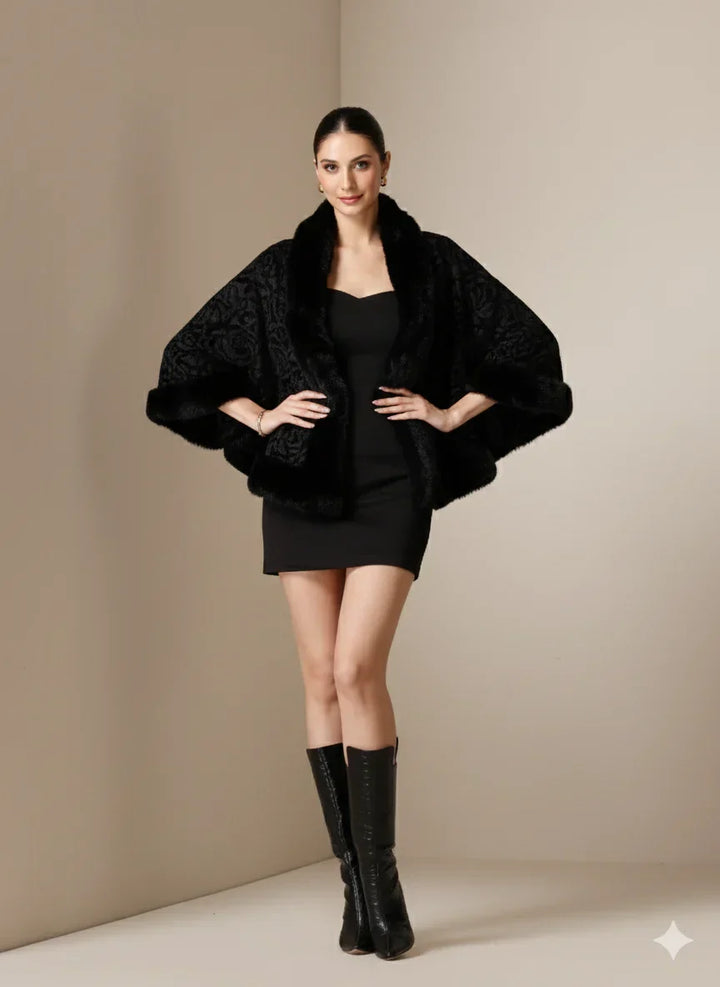 Noir Élite Embossed Fur Cape | SHOBITAM
