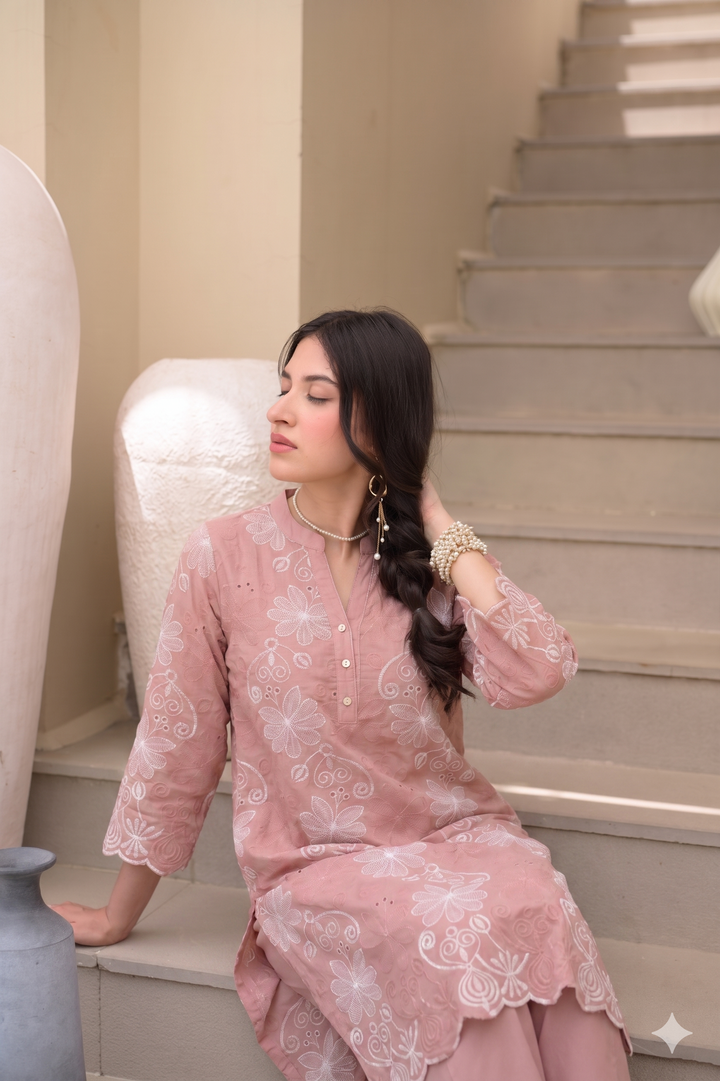 Peach Floral Chiffli Pure Cotton Kurta Set with Scallope Border- SET OF-2 | SHOBITAM