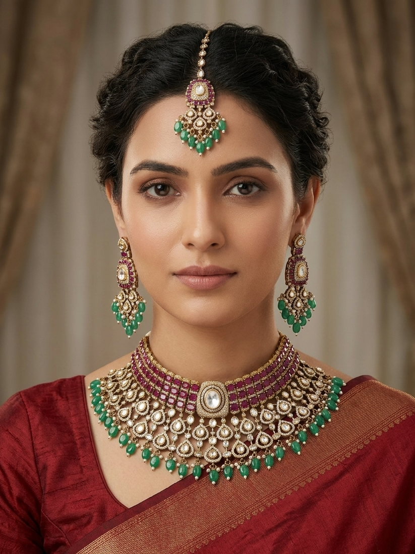 Bridal Kundan Choker Necklace Set with Earrings & Maang Tikka | SHOBITAM