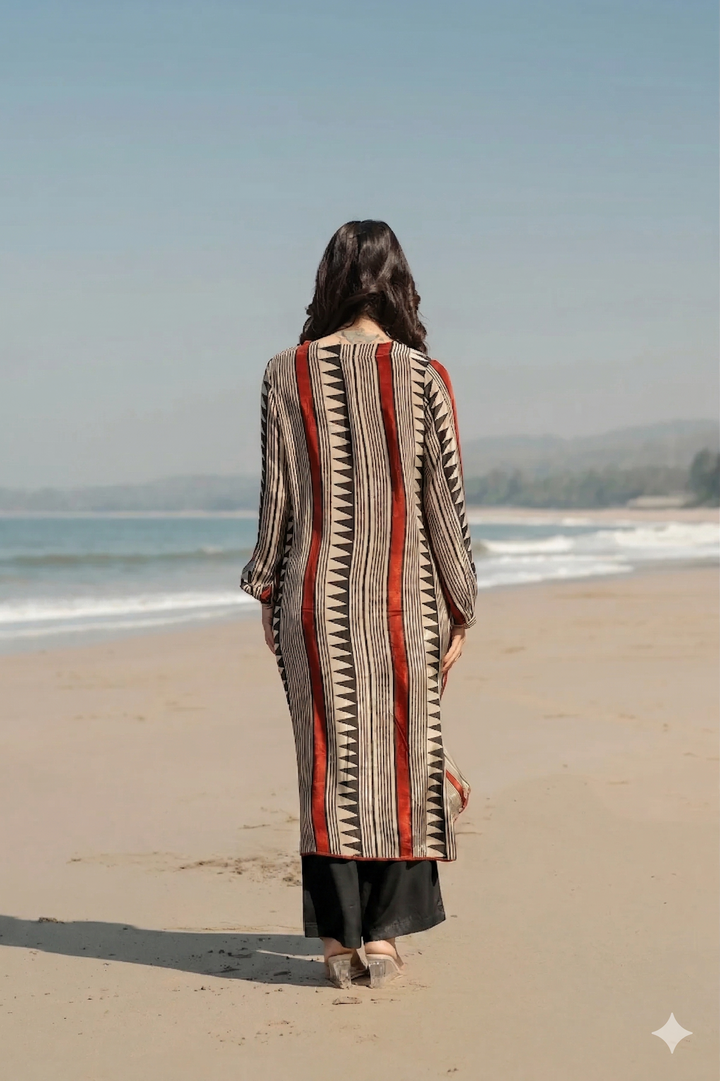 Beige with Red and Black Noor Kurta Set- SET OF -2 | SHOBITAM