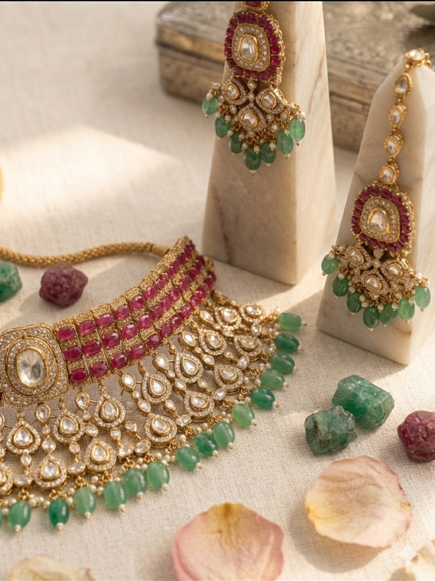 Bridal Kundan Choker Necklace Set with Earrings & Maang Tikka | SHOBITAM