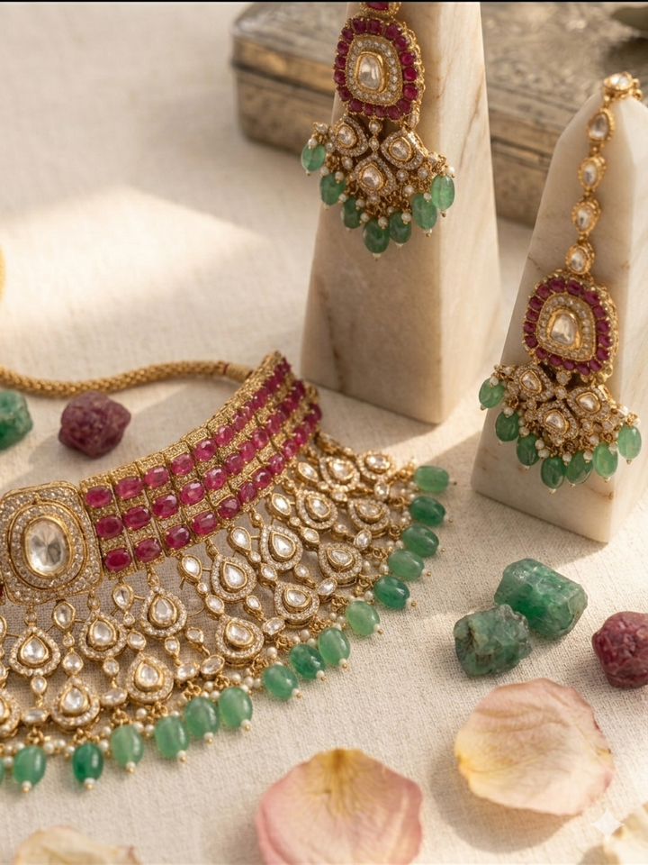 Bridal Kundan Choker Necklace Set with Earrings & Maang Tikka | SHOBITAM