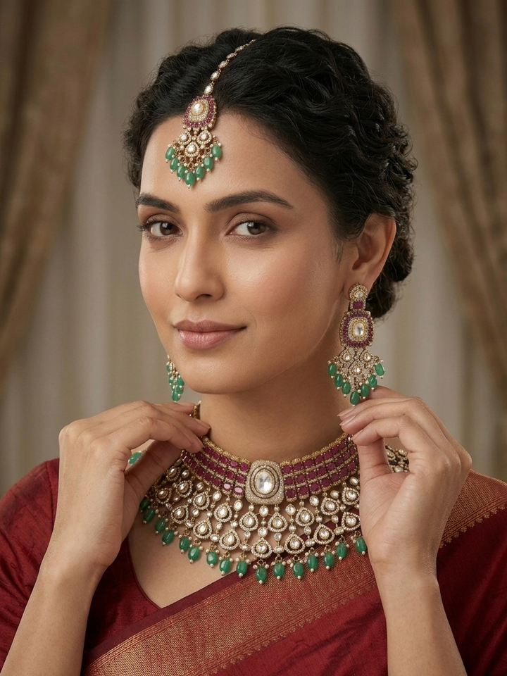 Bridal Kundan Choker Necklace Set with Earrings & Maang Tikka | SHOBITAM
