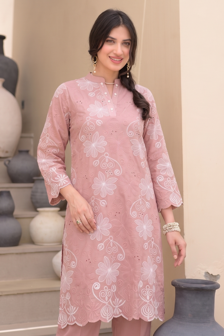 Peach Floral Chiffli Pure Cotton Kurta Set with Scallope Border- SET OF-2 | SHOBITAM