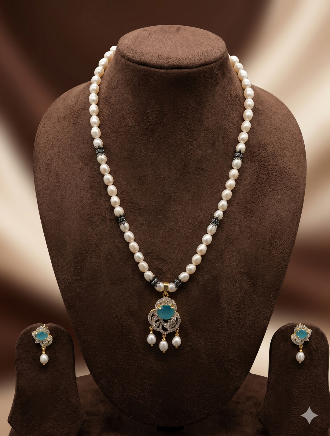 White Freshwater Pearl Pendant Set with Blue Stone | SHOBITAM
