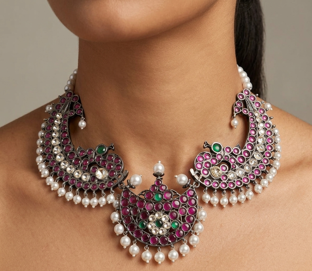 Black finish precious kemp pearl moon peacock necklace | SHOBITAM
