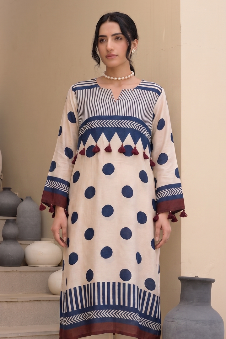 Beige and Indigo Polka Muslin Tassel Kurta Set- SET OF-2 | SHOBITAM