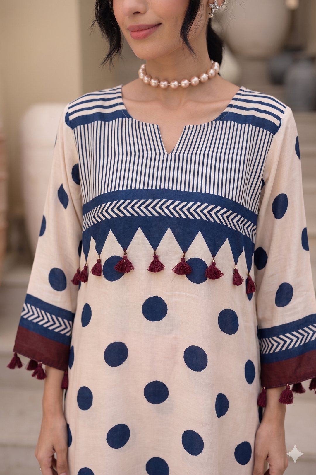 Beige and Indigo Polka Muslin Tassel Kurta Set- SET OF-2 | SHOBITAM