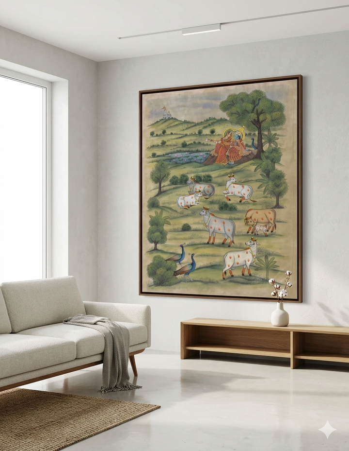 4x3 feet Radha Krishna Painting in Pastoral Bliss | SHOBITAM