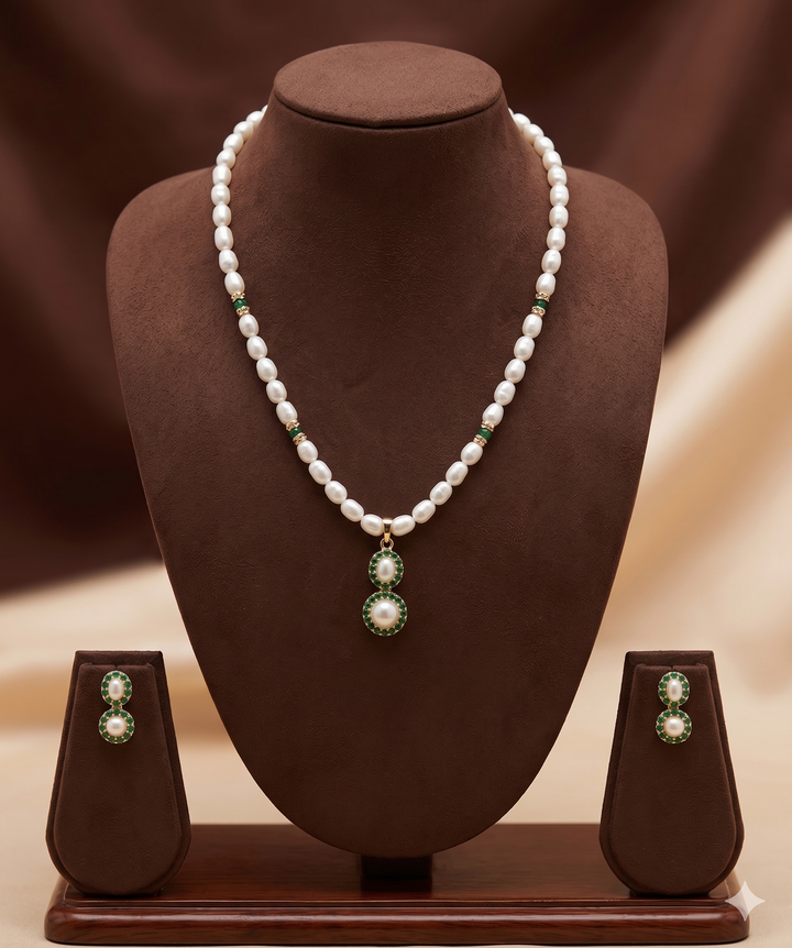 White Freshwater Pearl Pendant Set with Green Stones | SHOBITAM