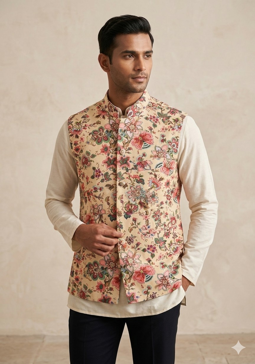 Peach Floral Digital Print on Bandhgala Silk Full Waistcoat for Men with Thread and Sequins Hand Embroidery  | Made To Order