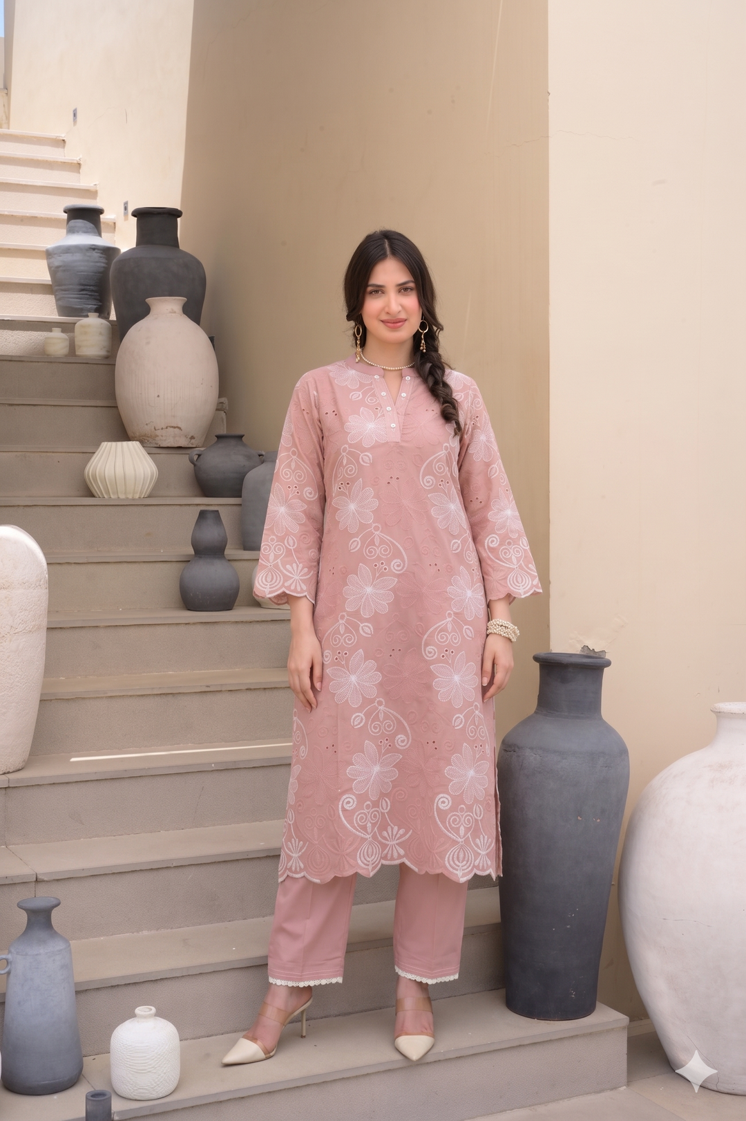 Peach Floral Chiffli Pure Cotton Kurta Set with Scallope Border- SET OF-2 | SHOBITAM