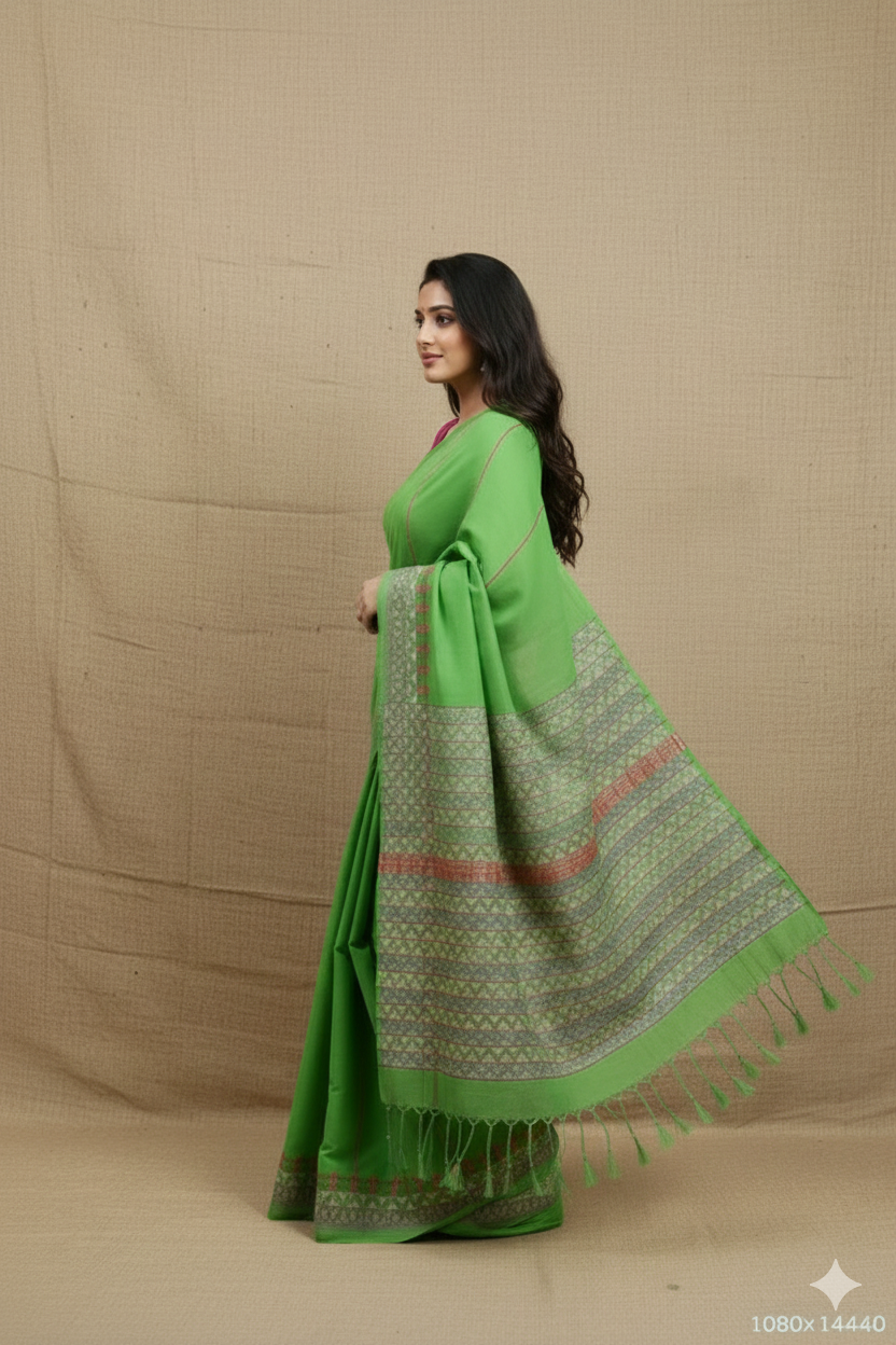 Parrot Green Khesh Kantha Cotton Saree | SHOBITAM