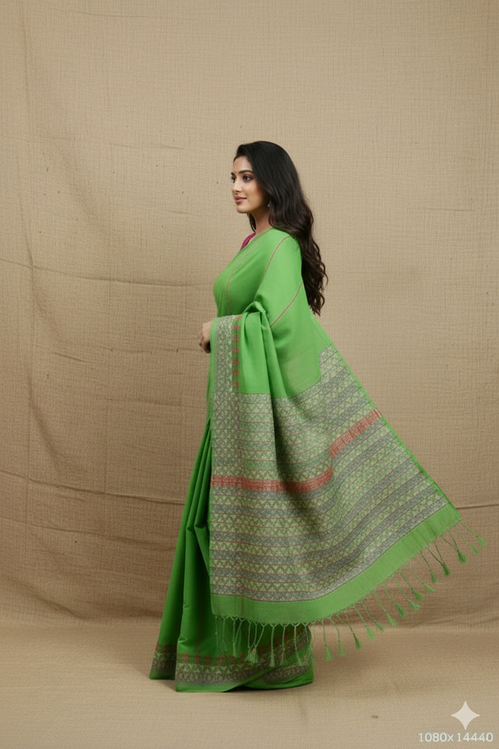 Parrot Green Khesh Kantha Cotton Saree | SHOBITAM
