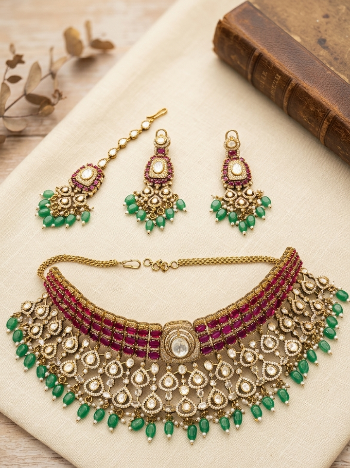 Bridal Kundan Choker Necklace Set with Earrings & Maang Tikka | SHOBITAM