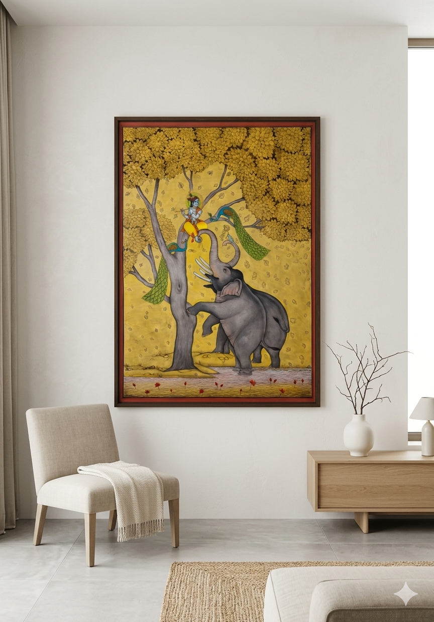 5x3 Feet Young Krishna in the Golden Grove Painting | SHOBITAM