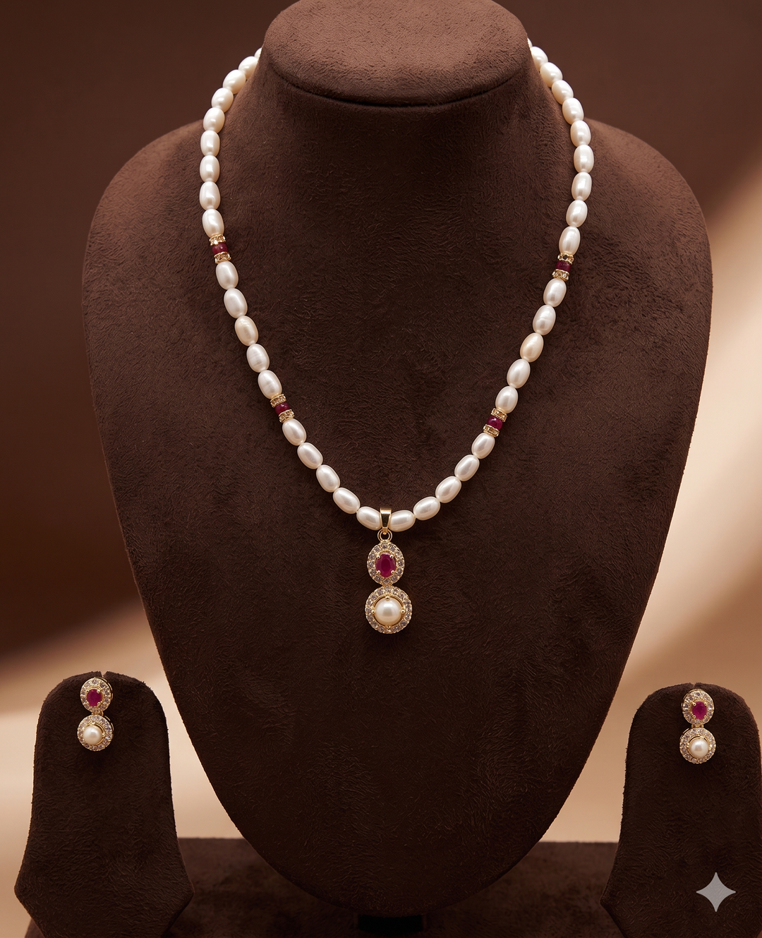 White Freshwater Pearl Pendant Set with Red Stone | SHOBITAM