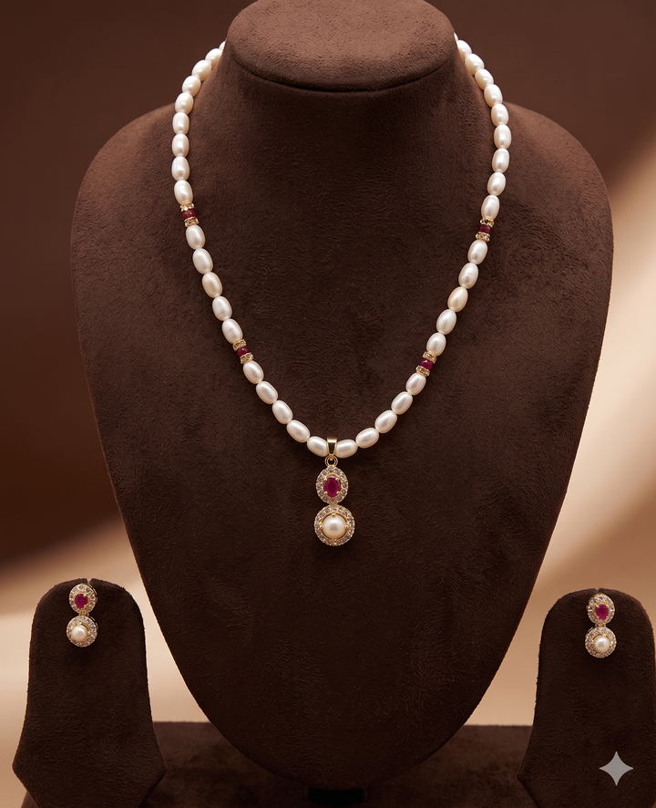 White Freshwater Pearl Pendant Set with Red Stone | SHOBITAM