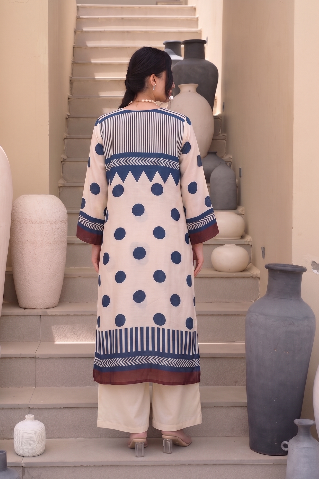 Beige and Indigo Polka Muslin Tassel Kurta Set- SET OF-2 | SHOBITAM