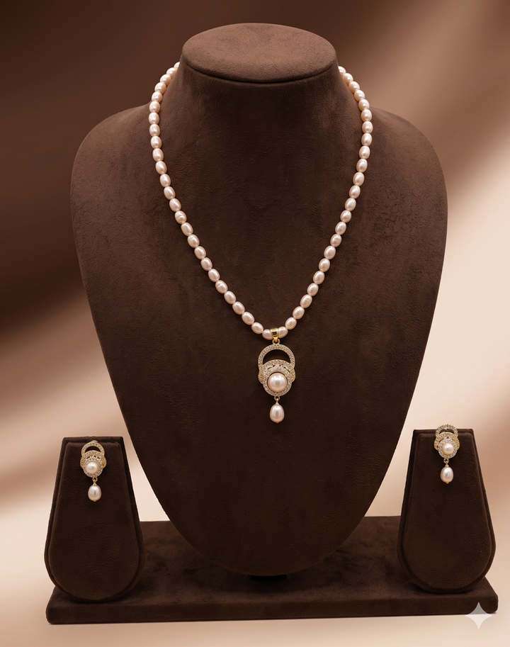 Light Pink Freshwater Pearl One Line Pendant Necklace Set  | SHOBITAM
