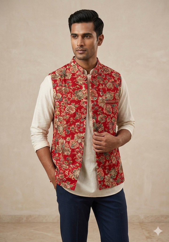 Red Floral Digital Print on Bandhgala Silk Full Waistcoat for Men with Zardozi and Sequins Embroidery  | Made To Order
