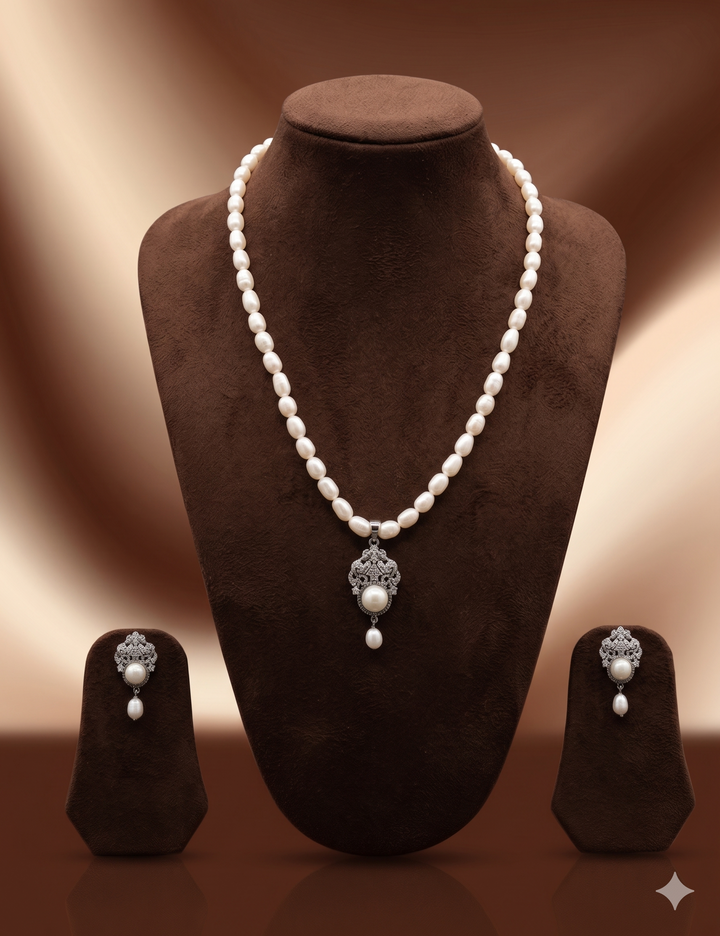 One Line Freshwater Pearl Pendant Necklace Set with Silver Floral Design  | SHOBITAM