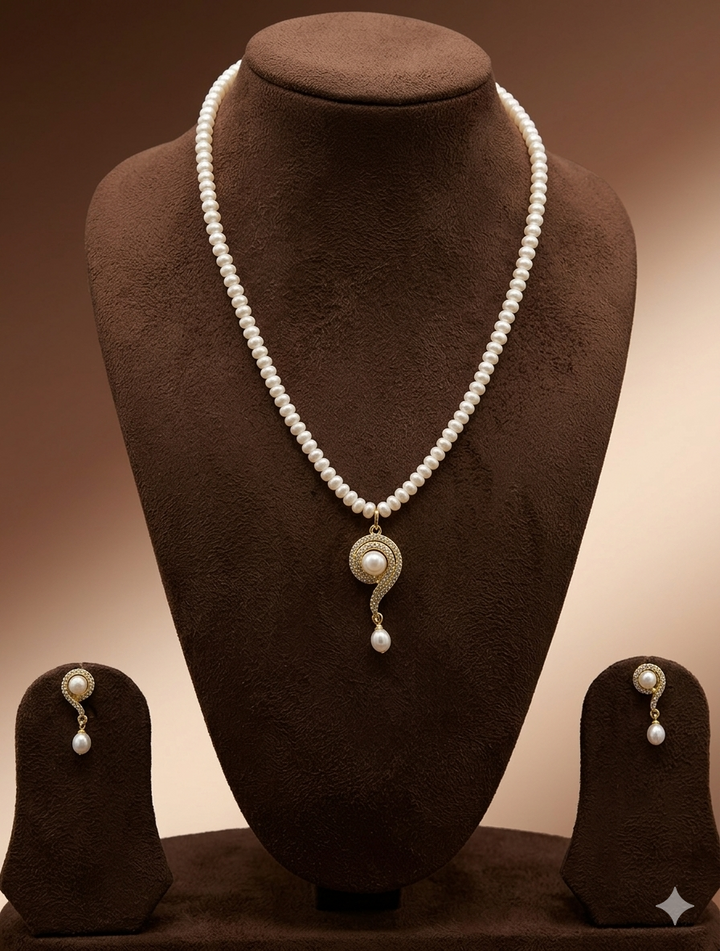 One Line Freshwater Pearl Pendant Necklace Set with Earrings  | SHOBITAM