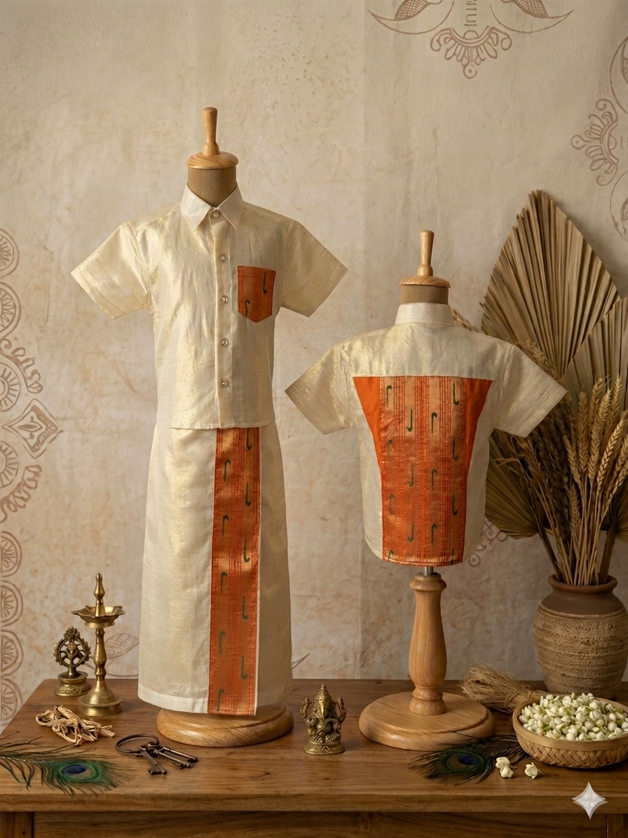 Boys Soft Cotton Dhoti & Shirt Set with - Orange Paithani Detailing - Express | SHOBITAM