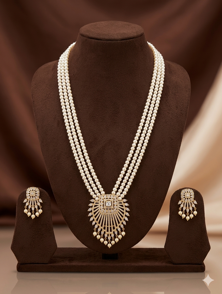 Royal White Freshwater Pearl Rani Haar Necklace Set – luxury pearl jewellery India | SHOBITAM