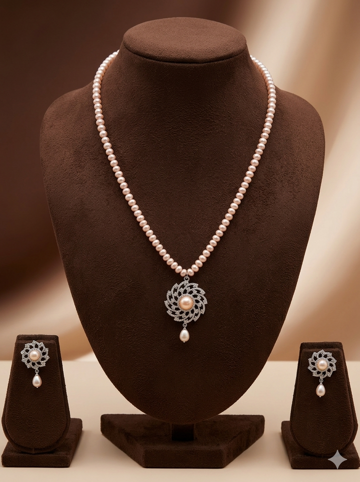 One Line Pink Freshwater Pearl Pendant Necklace Set with Floral Design  | SHOBITAM