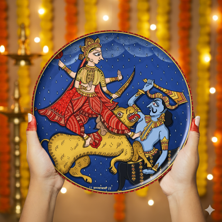 Goddess Durga & demon Folk Art Wall plate with Wooden Stand - 8 inches