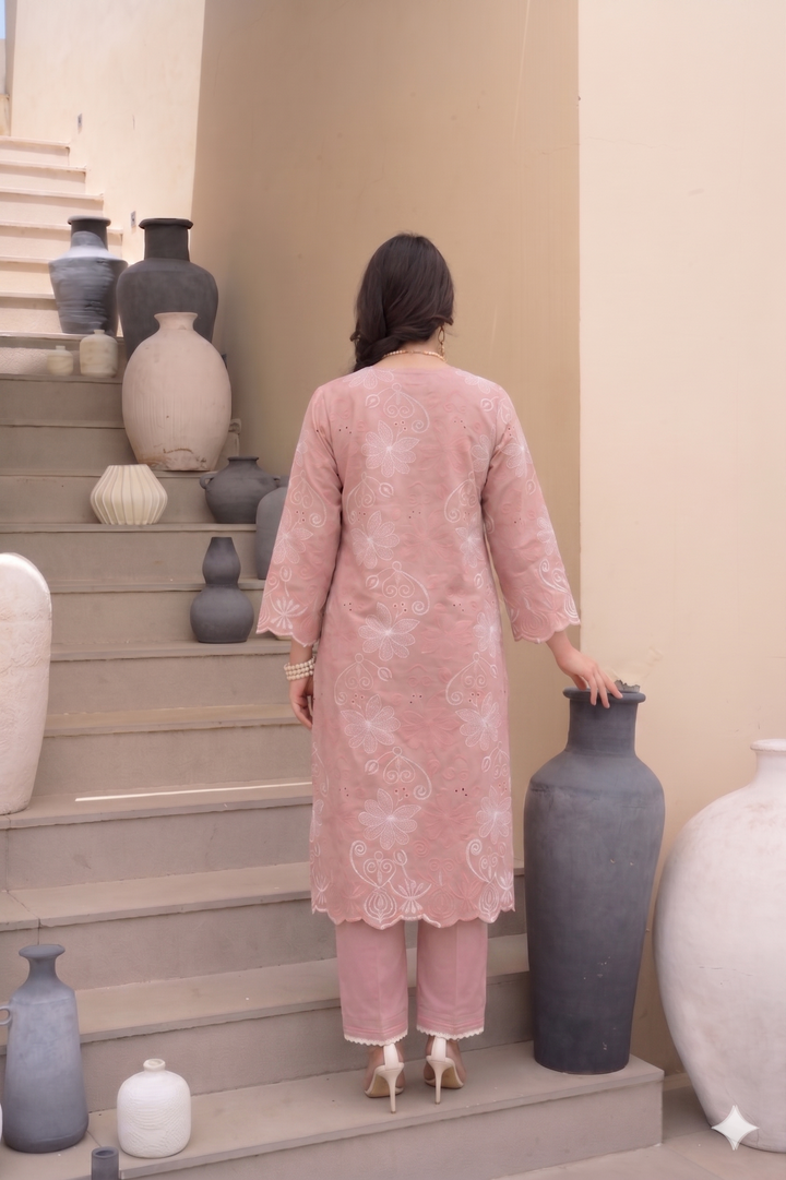 Peach Floral Chiffli Pure Cotton Kurta Set with Scallope Border- SET OF-2 | SHOBITAM
