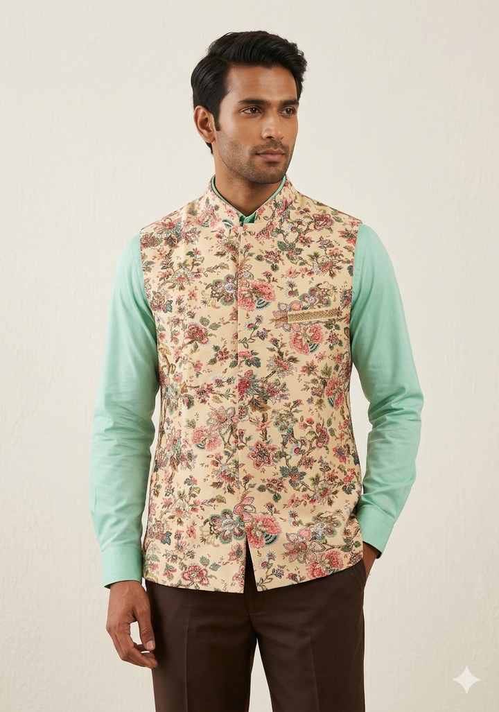 Peach Floral Digital Print on Bandhgala Silk Full Waistcoat for Men with Zardozi and Sequins Embroidery  | Made To Order