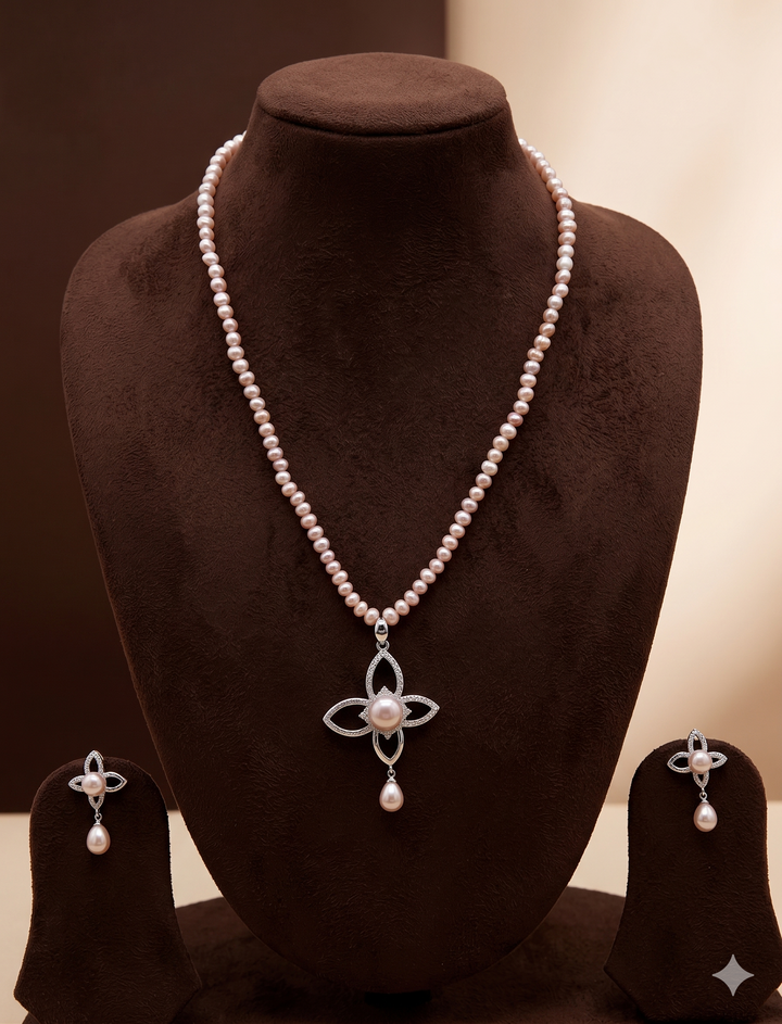 Blush Petal Grace Freshwater One Line Pearl Pendant Set | SHOBITAM