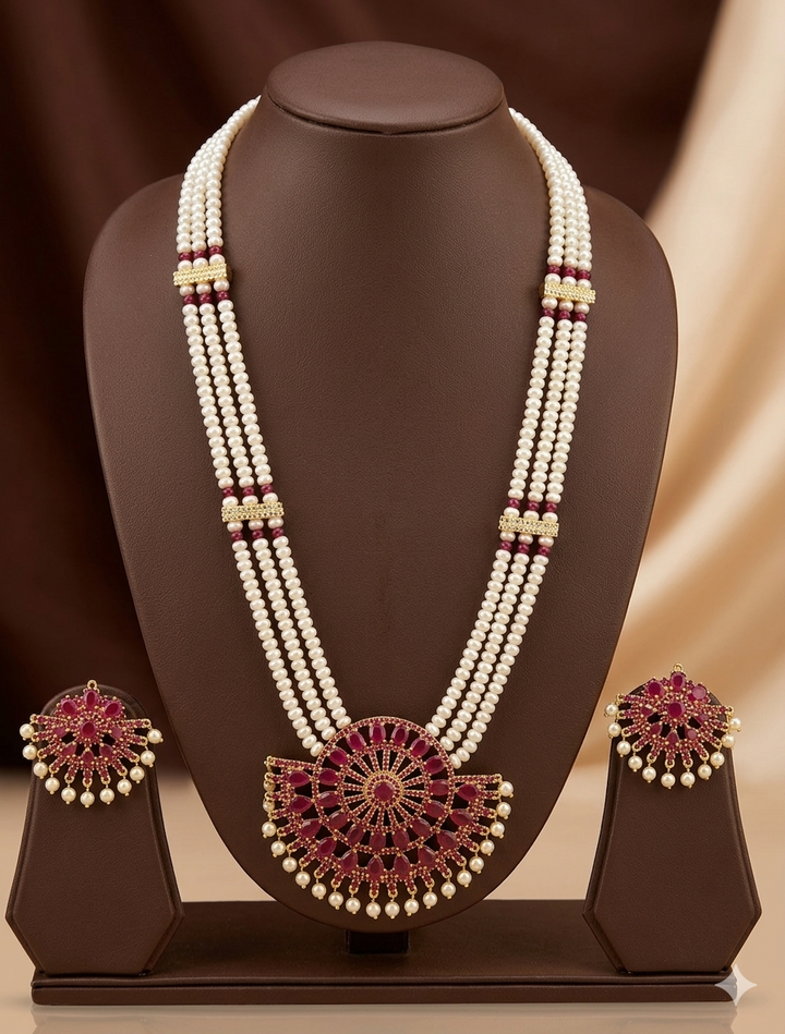 Royal Red Stone Freshwater Pearl Rani Haar Necklace Set – Regal Wedding Elegance | SHOBITAM