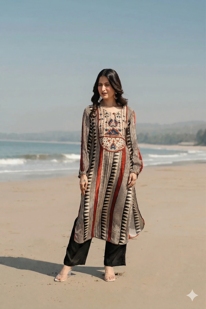 Beige with Red and Black Noor Kurta Set- SET OF -2 | SHOBITAM