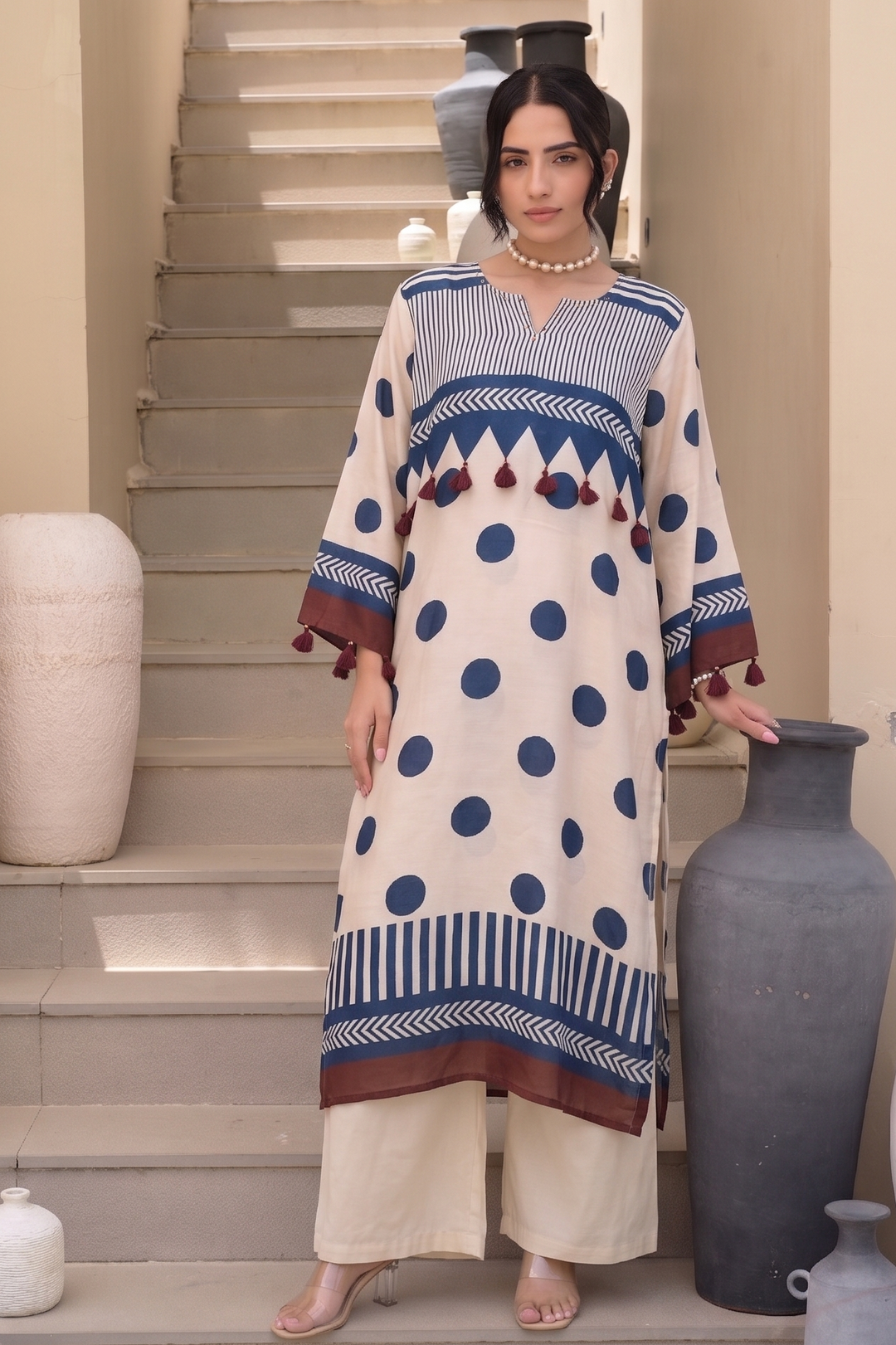 Beige and Indigo Polka Muslin Tassel Kurta Set- SET OF-2 | SHOBITAM