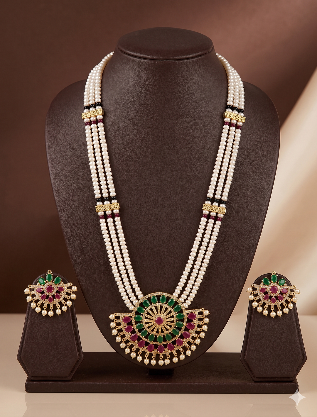 Red Green Stone Freshwater Pearl Rani Haar Necklace Set | SHOBITAM