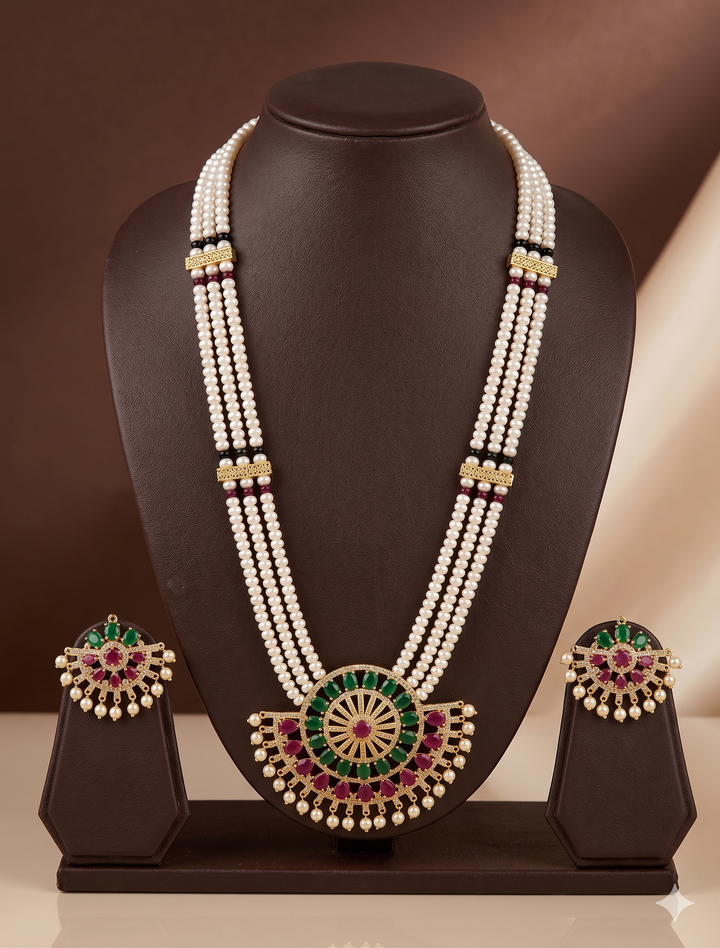Red Green Stone Freshwater Pearl Rani Haar Necklace Set | SHOBITAM