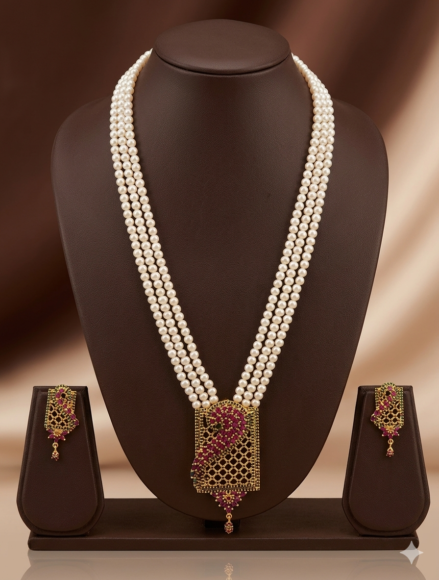Royal Red & Green Freshwater Pearl Rani Haar Necklace Set – Premium Bridal & Festive Jewellery | SHOBITAM